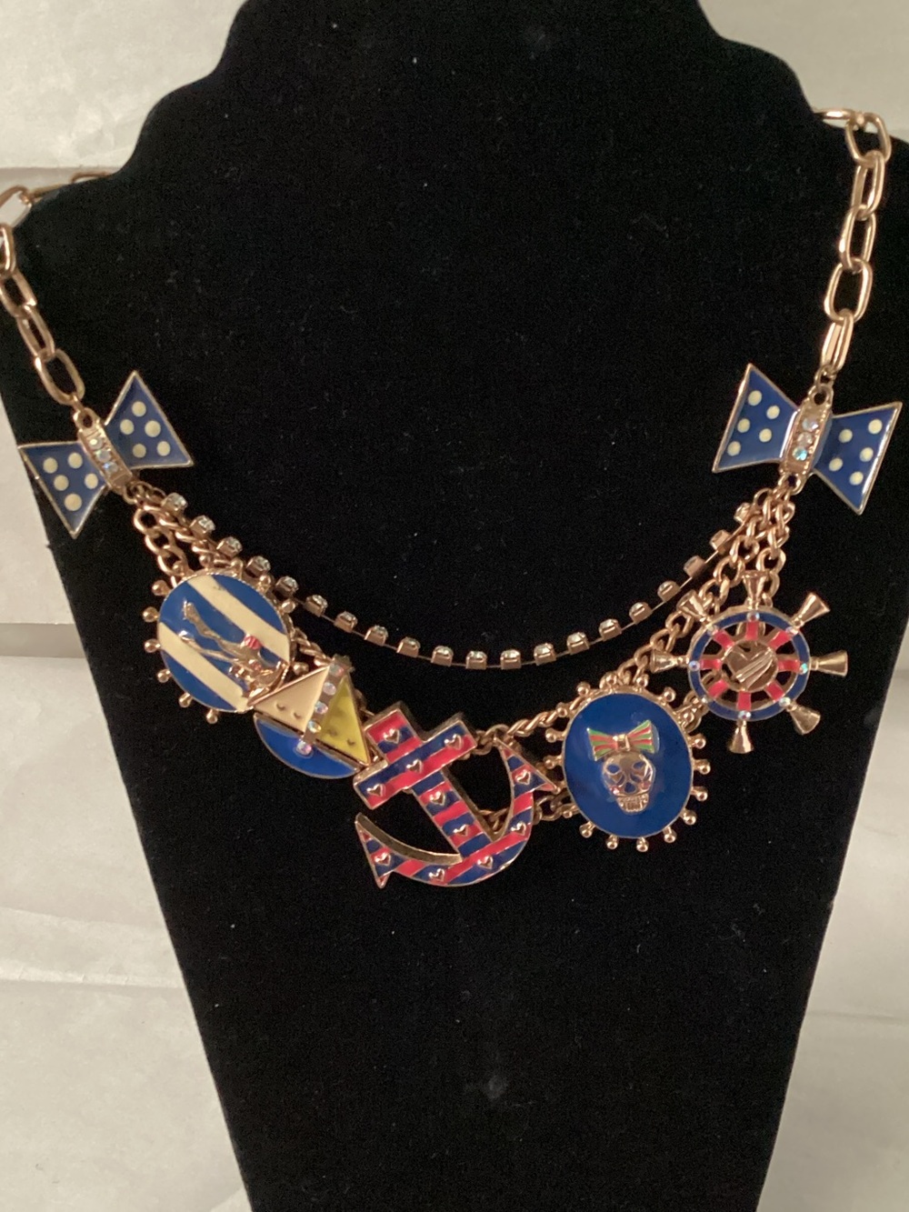 Betsey Johnson Blue Red Gold Nautical Charm Necklace